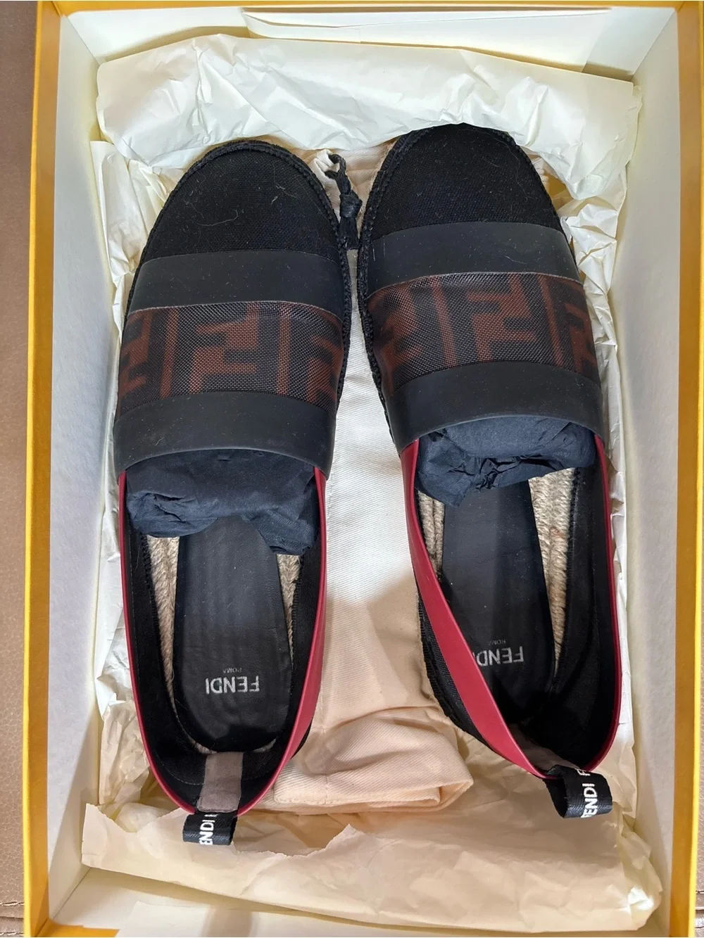 Fendi Black and Red Logo-Panel Espadrille Flats size 36 6